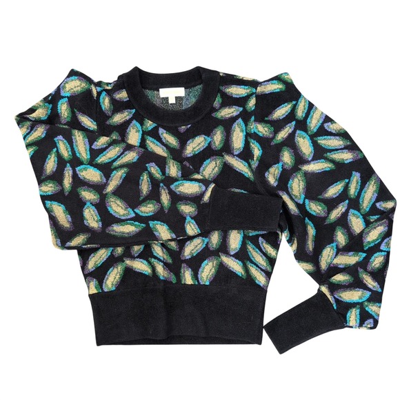 RONNY KOBO Black Leaf Statement Sweater Puff Shoulder Metallic Sparkle Small - Picture 8 of 9